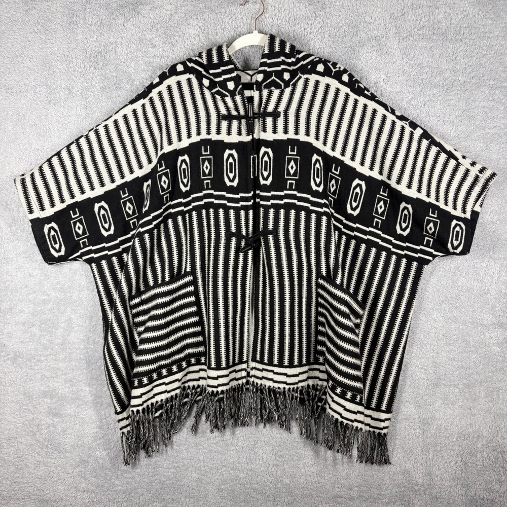 Madewell Hooded Poncho Blanket Jacket Sz L Black White Stripe Wool Blend Fringe